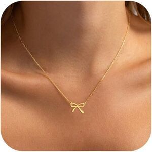 14K Gold Plated Cute Gold-Cable-6 Choker Small Bow Pendant Charm Necklaces
